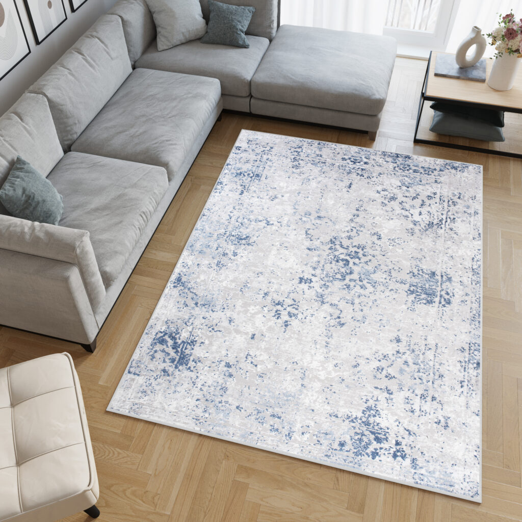 Tapis Sky Bleu Gris Bordure Ornamental