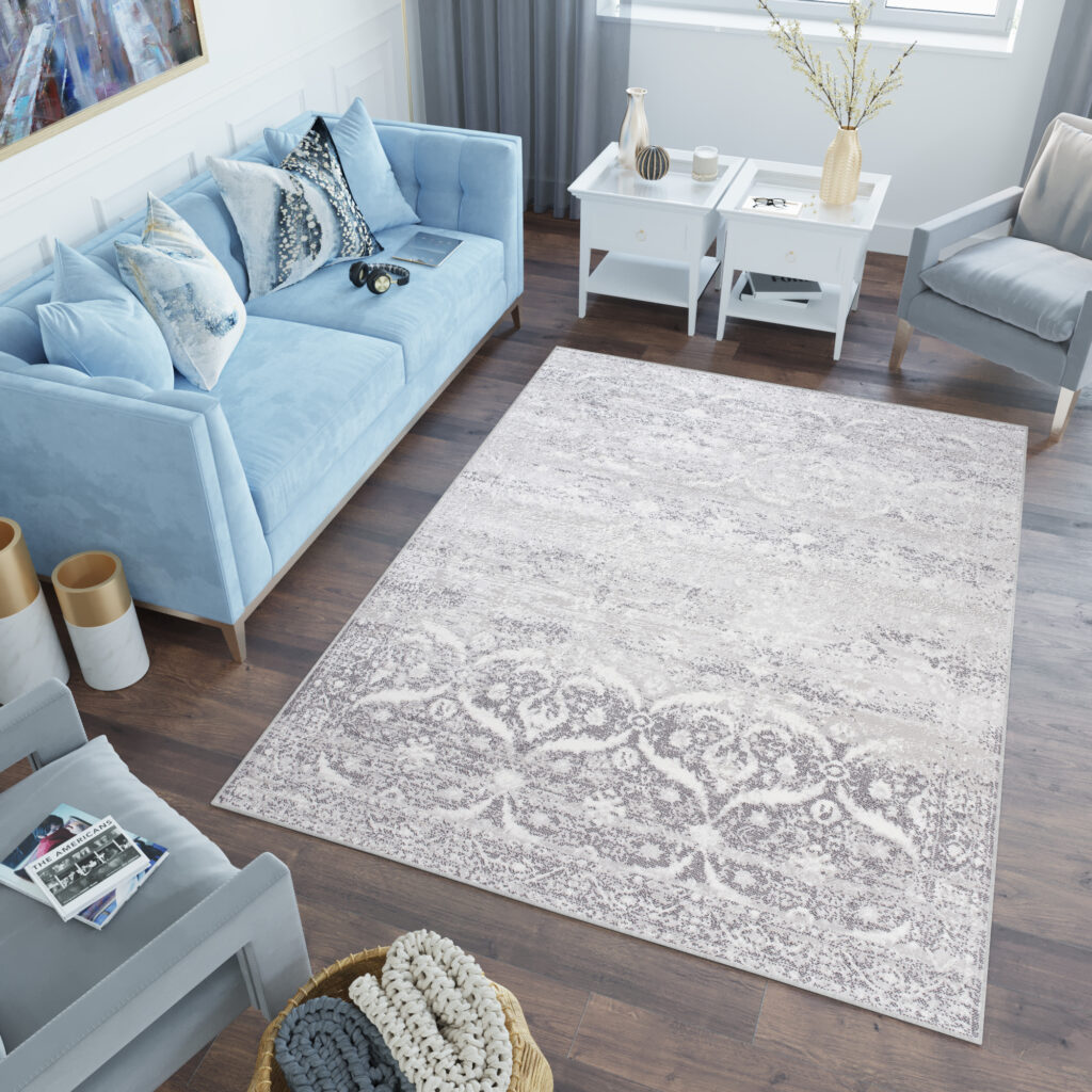 Tapis Sky Gris Vintage Floral Rayures