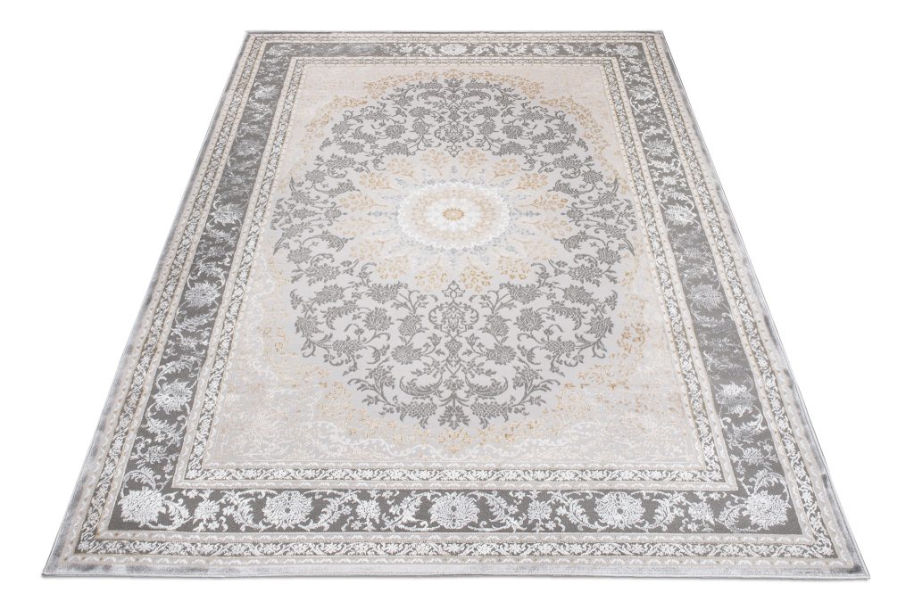 Tapis Hera Gris Crème Beige Rosace Effet 3D
