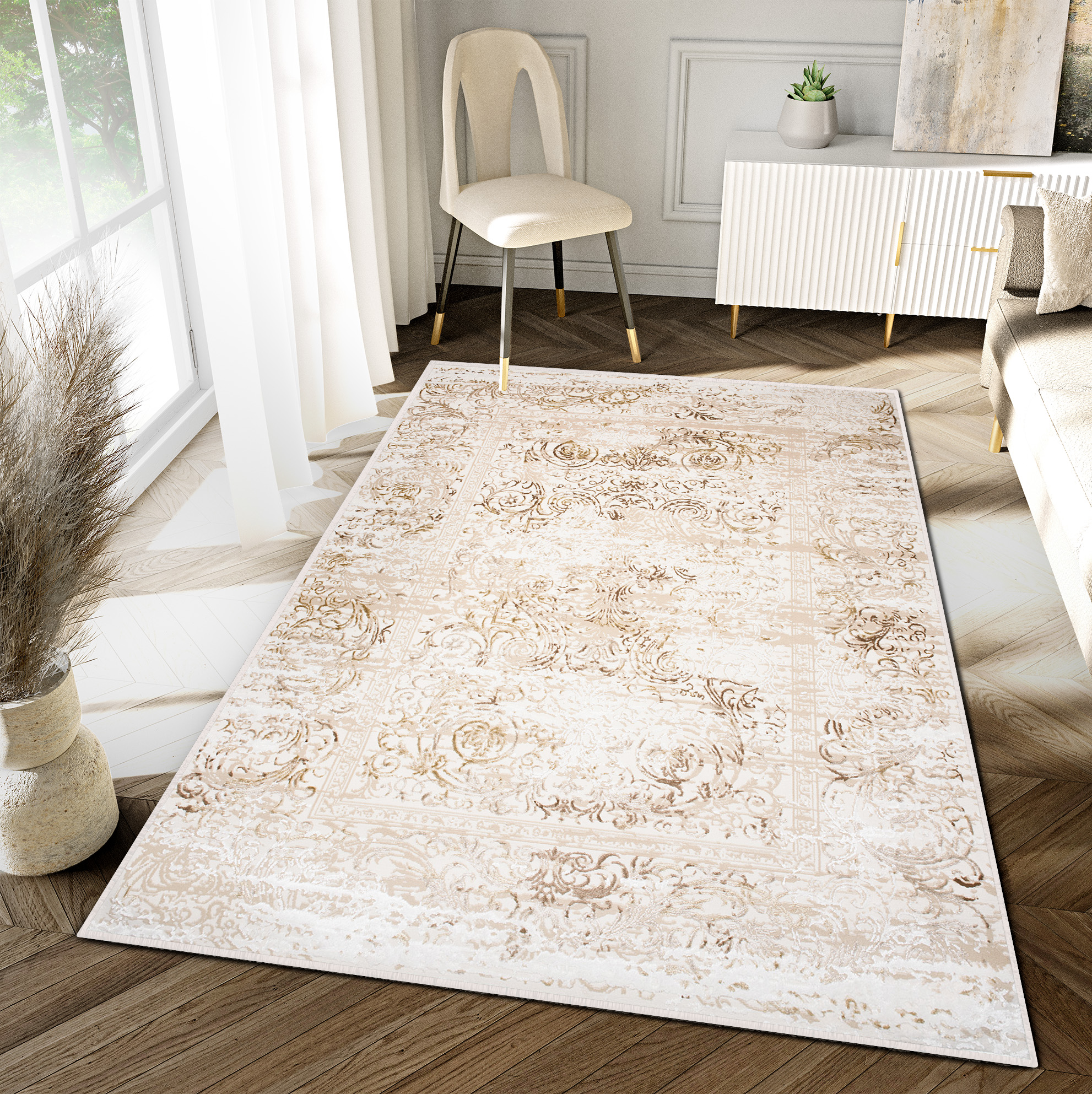 Tapis Hera Vintage Beige Crème Moucheté Effet 3D