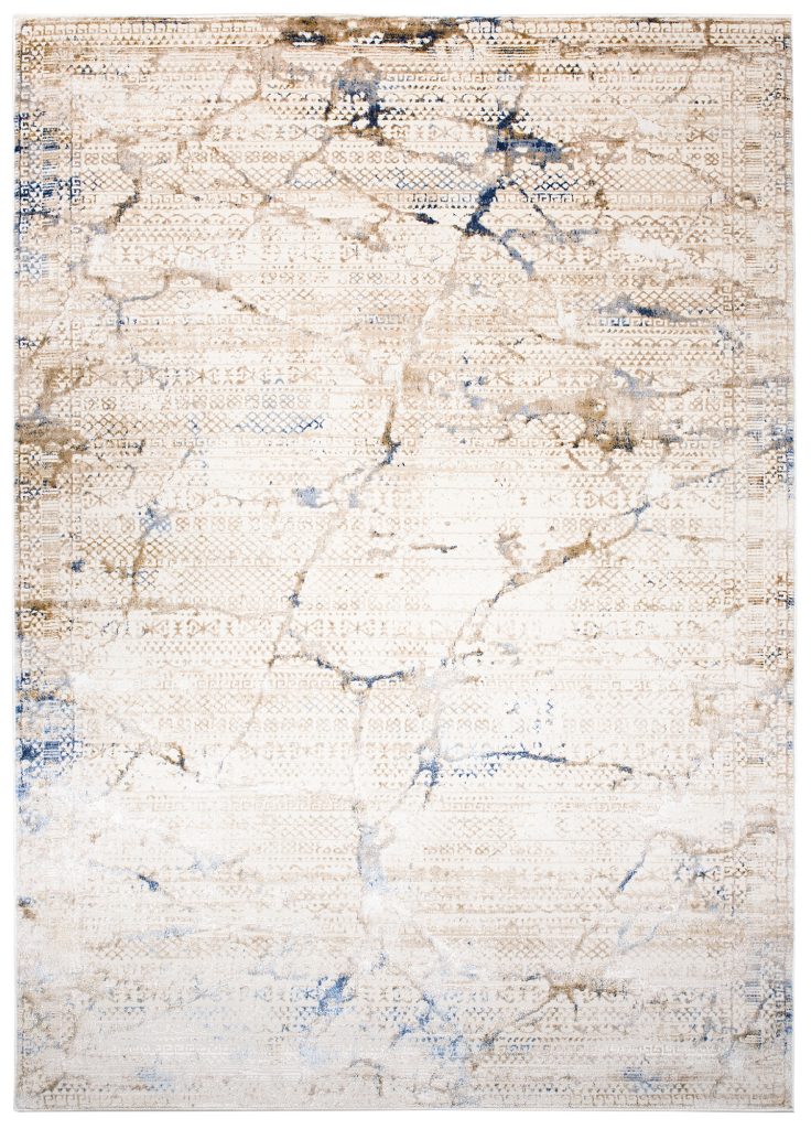 Tapis Hera Crème Beige Bleu Ethnique Effet 3D