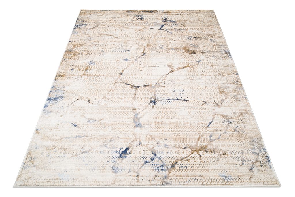 Tapis Hera Crème Beige Bleu Ethnique Effet 3D