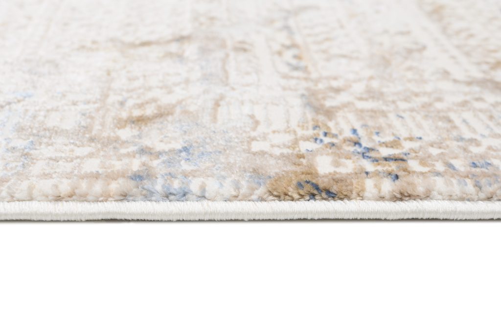 Tapis Hera Crème Beige Bleu Ethnique Effet 3D