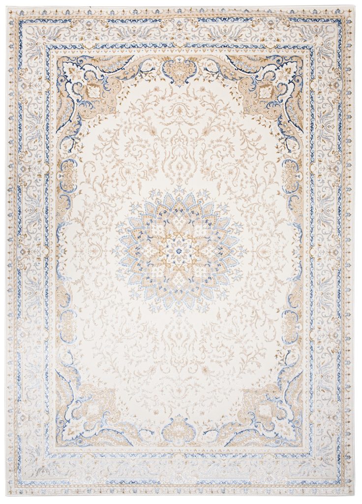 Tapis Hera Crème Beige Bleu Médaillon Effet 3D