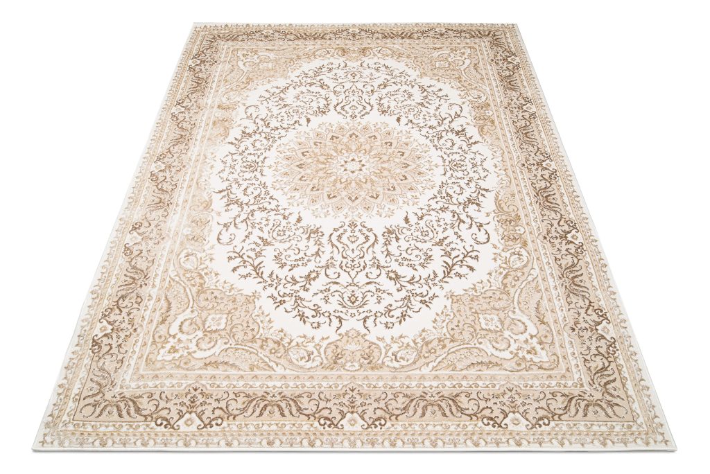 Tapis Hera Crème Marron Traditionnel Rosace Effet 3D