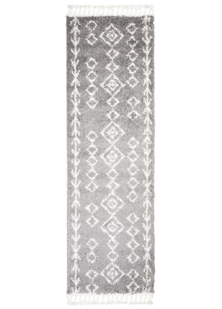 Carpet Runner Boho Shaggy Ethno Lines Soft Fluffy Grey Cream Fringes