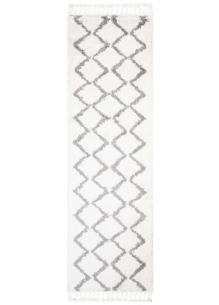 Carpet Runner Boho Shaggy Fringes Soft Cream Grey Long Pile Zig-Zag