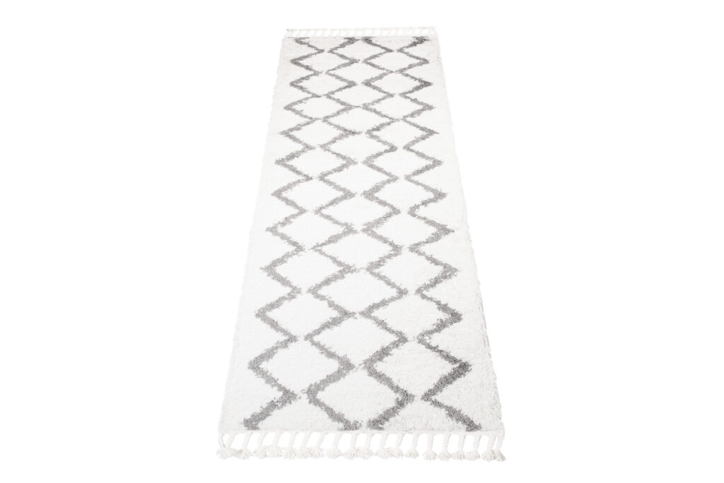 Carpet Runner Boho Shaggy Fringes Soft Cream Grey Long Pile Zig-Zag