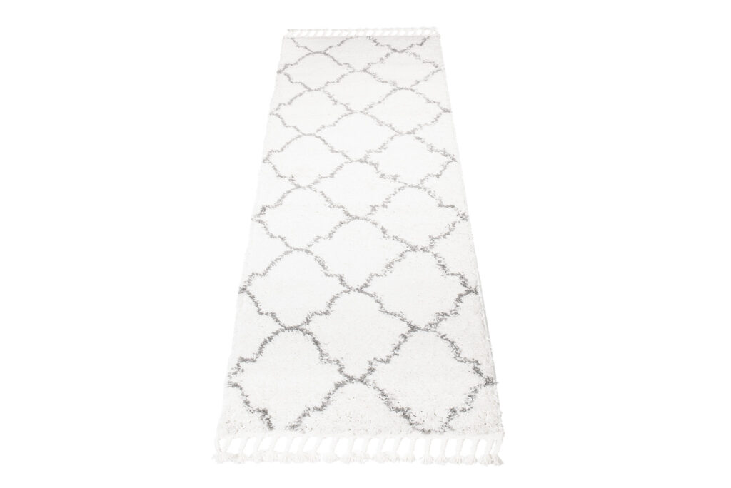 Carpet Runner Boho Shaggy Moroccan Trellis Fringes Cream Grey Soft