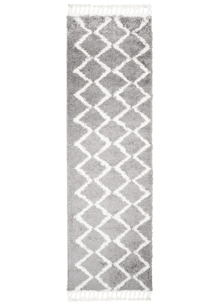 Carpet Runner Boho Shaggy Fringes Soft Grey Fluffy Long Pile Zig-Zag