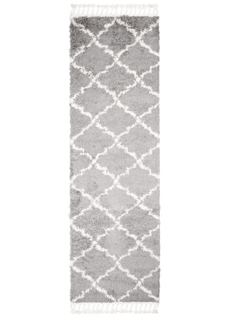 Carpet Runner Boho Shaggy Grey Cream Fluffy Moroccan Trellis Fringes