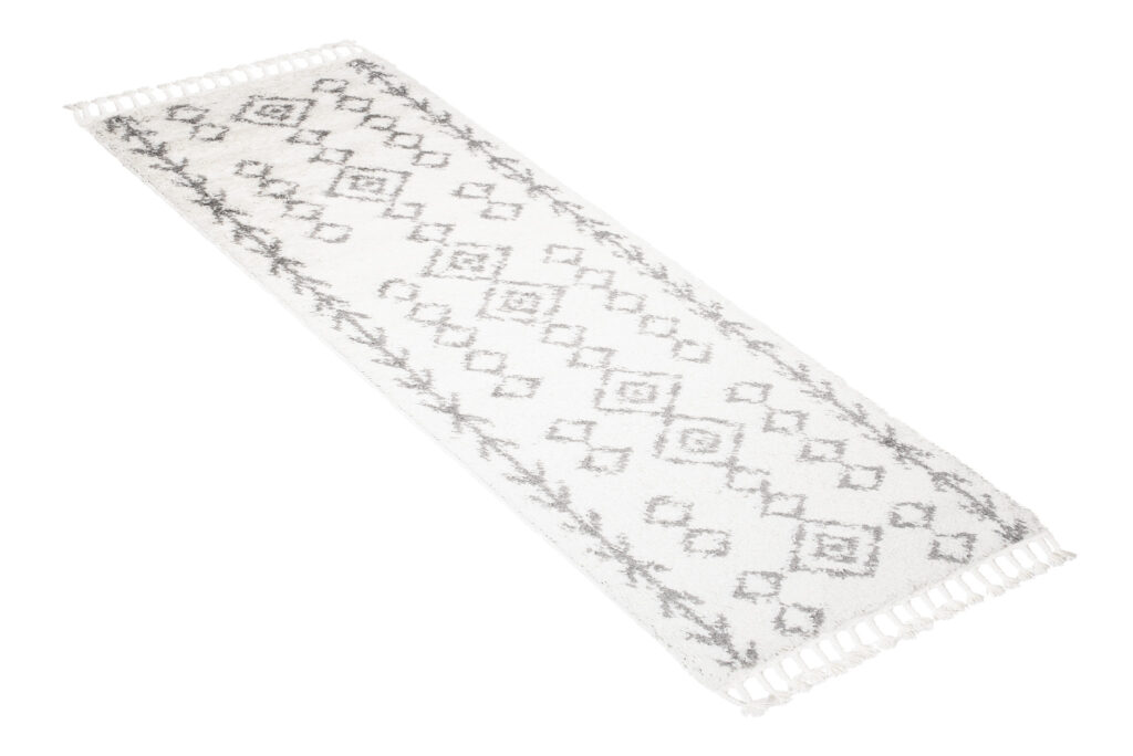Carpet Runner Boho Shaggy Ethno Lines Cream Grey Fringes Soft Fluffy