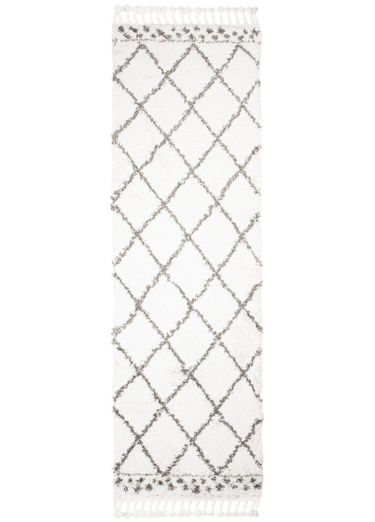 Carpet Runner Boho Shaggy Cream Grey Geometric Fringes Trellis Soft