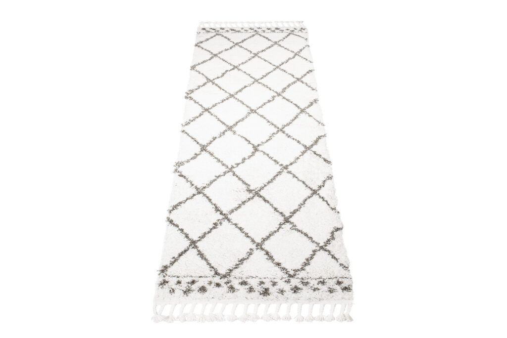 Carpet Runner Boho Shaggy Cream Grey Geometric Fringes Trellis Soft