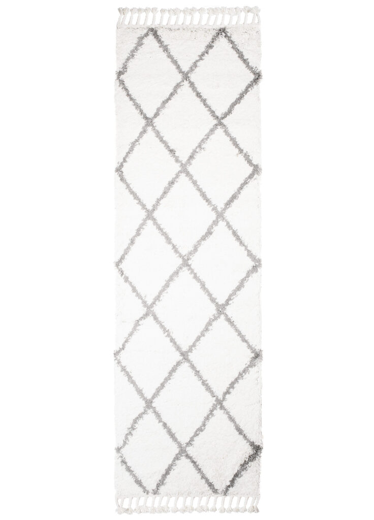 Carpet Runner Boho Shaggy Fringes Cream Geometric Trellis Soft