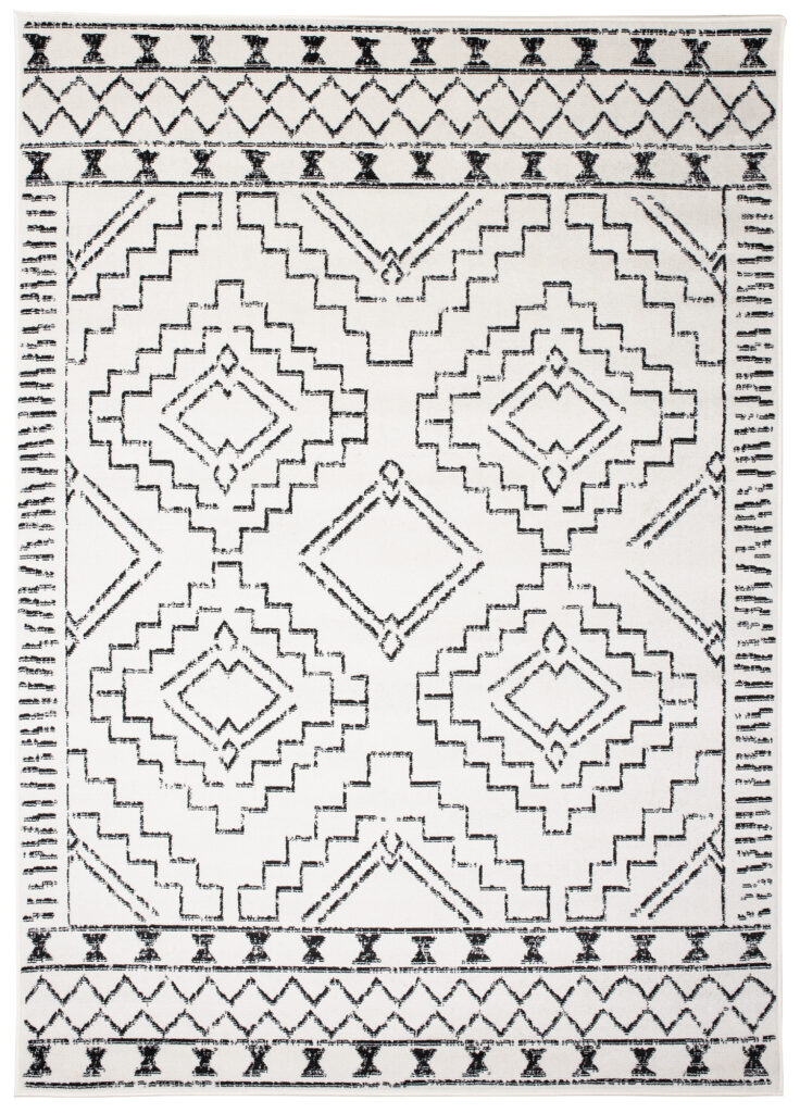 Tapis Juno Moderne Motif Ethnique Bordure Noir Crème Doux Fin