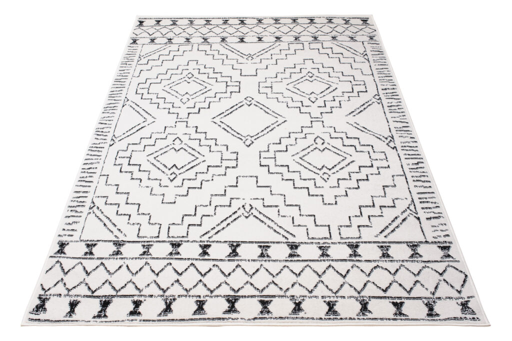 Tapis Juno Moderne Motif Ethnique Bordure Noir Crème Doux Fin