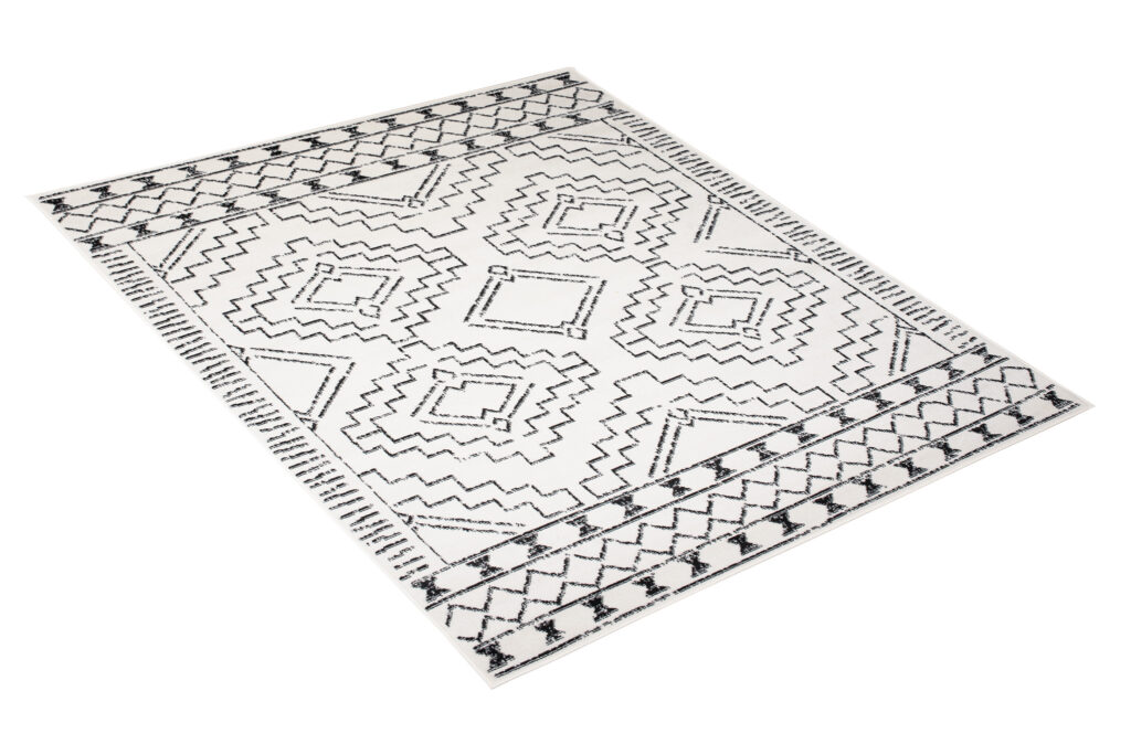 Tapis Juno Moderne Motif Ethnique Bordure Noir Crème Doux Fin