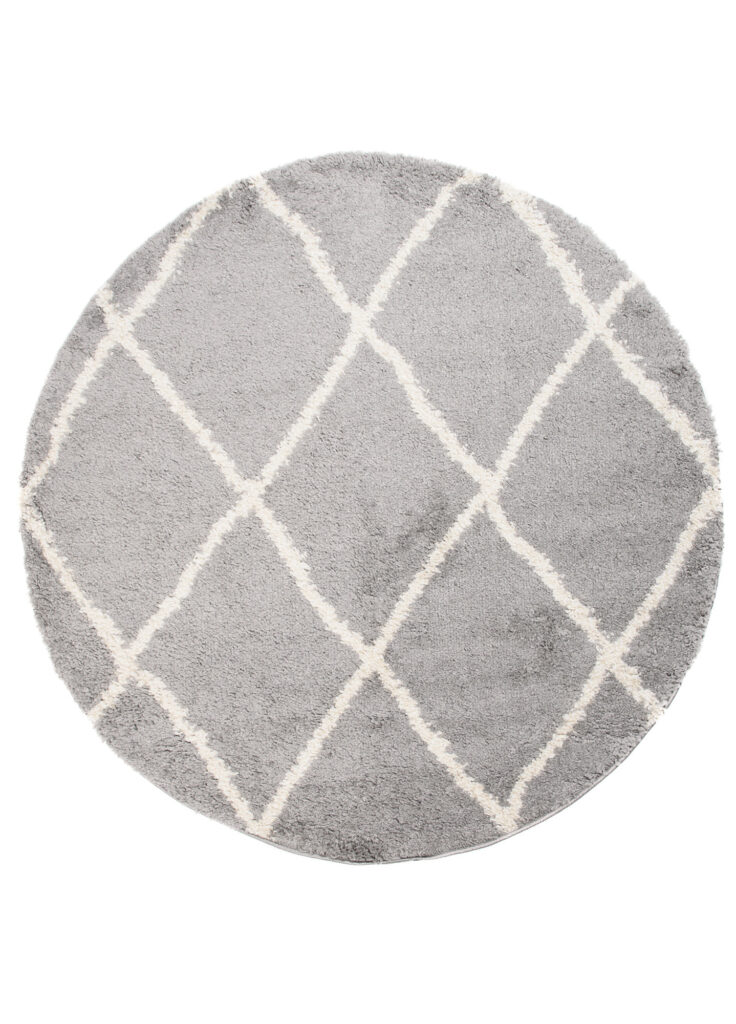 Tapis Boho Rond Gris Carreaux Shaggy