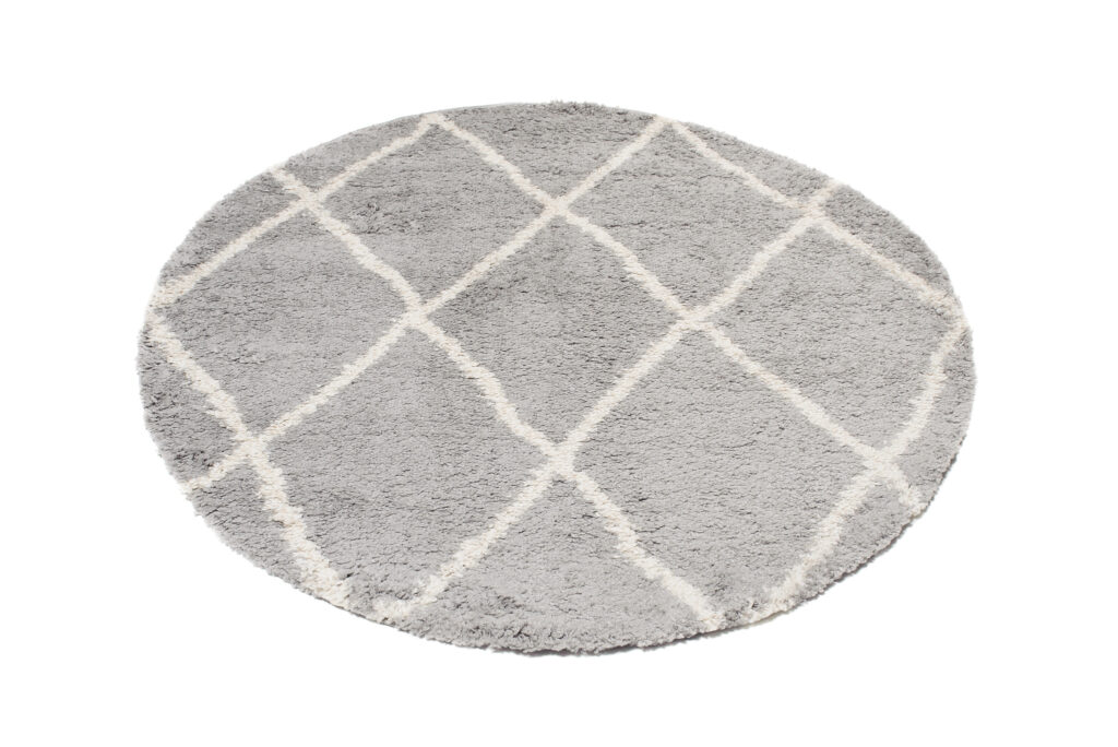 Tapis Boho Rond Gris Carreaux Shaggy
