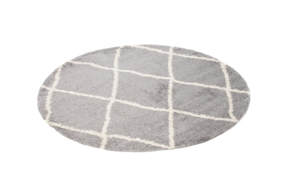Tapis Boho Rond Gris Carreaux Shaggy
