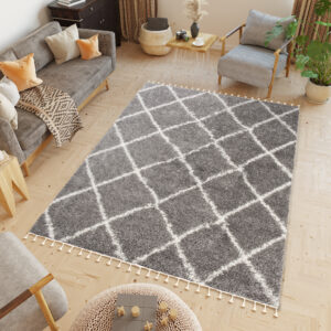 Tapis Boho à Franges Gris Losanges Shaggy