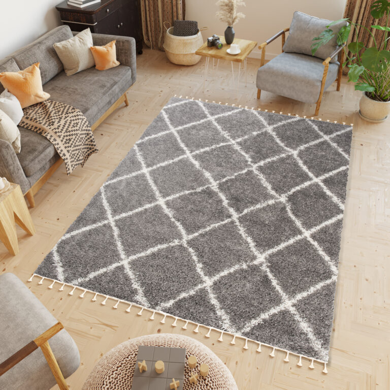 Tapis Boho à Franges Gris Losanges Shaggy
