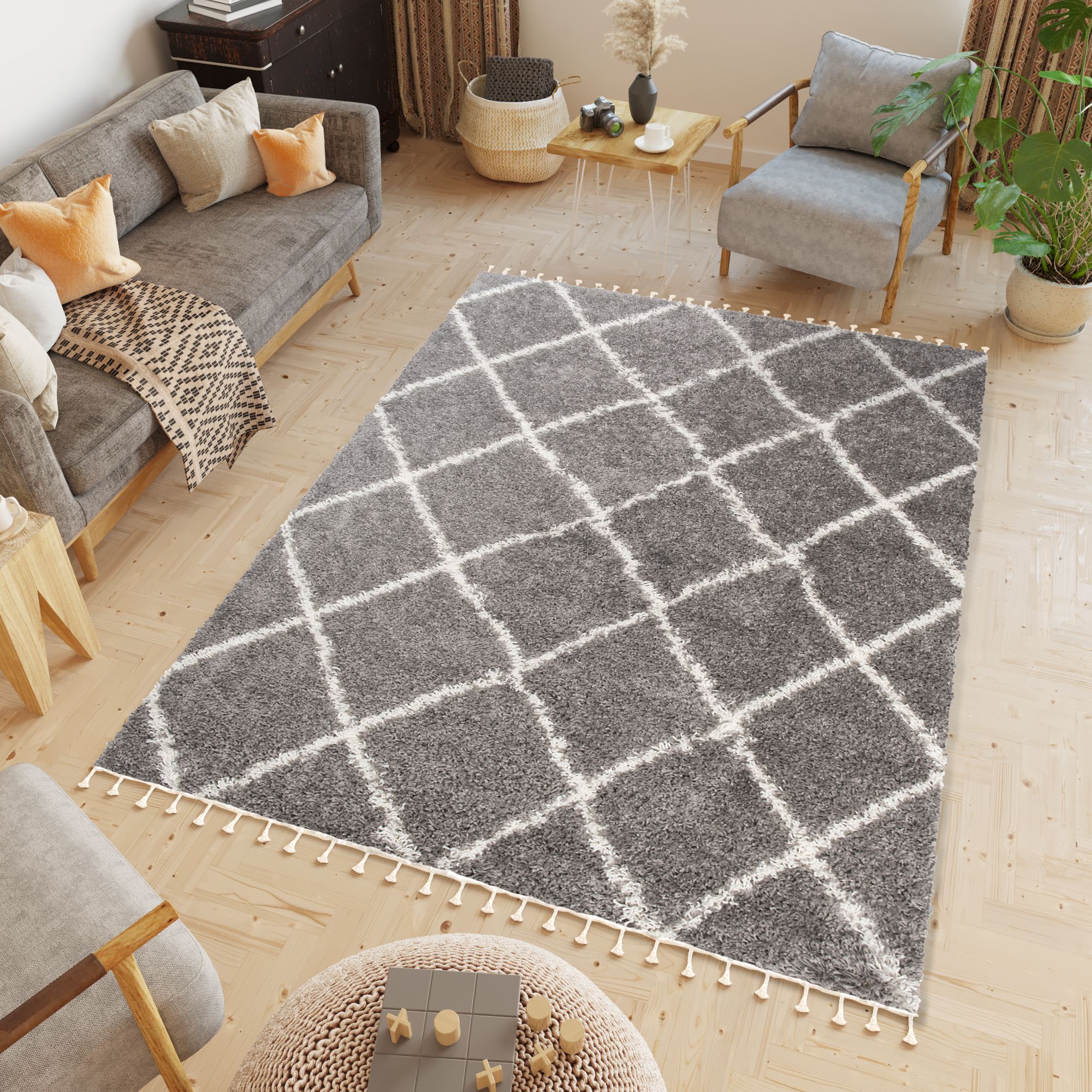 Tapis Boho à Franges Gris Losanges Shaggy