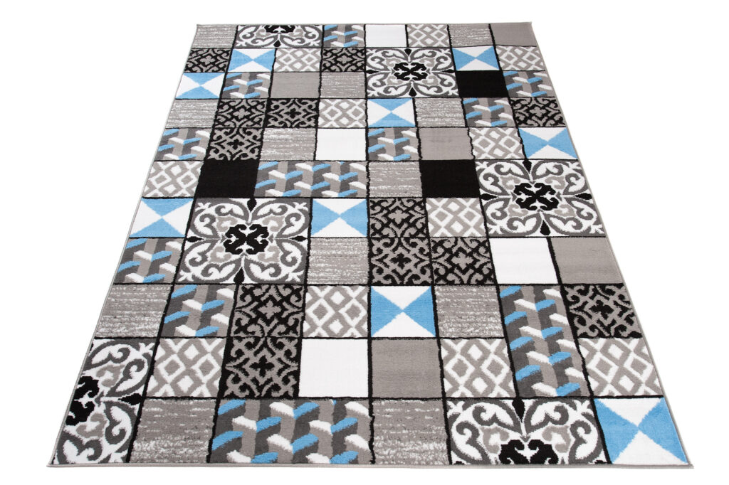 Tapis Maya Gris Bleu Carrés Mosaïque