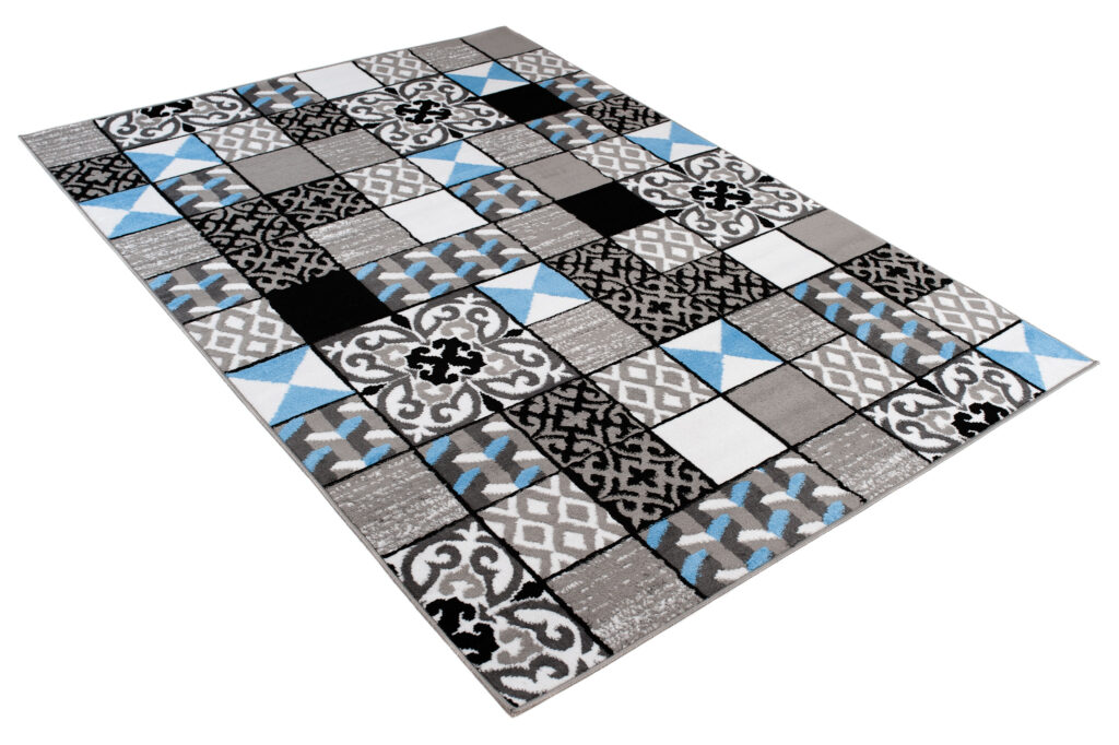 Tapis Maya Gris Bleu Carrés Mosaïque