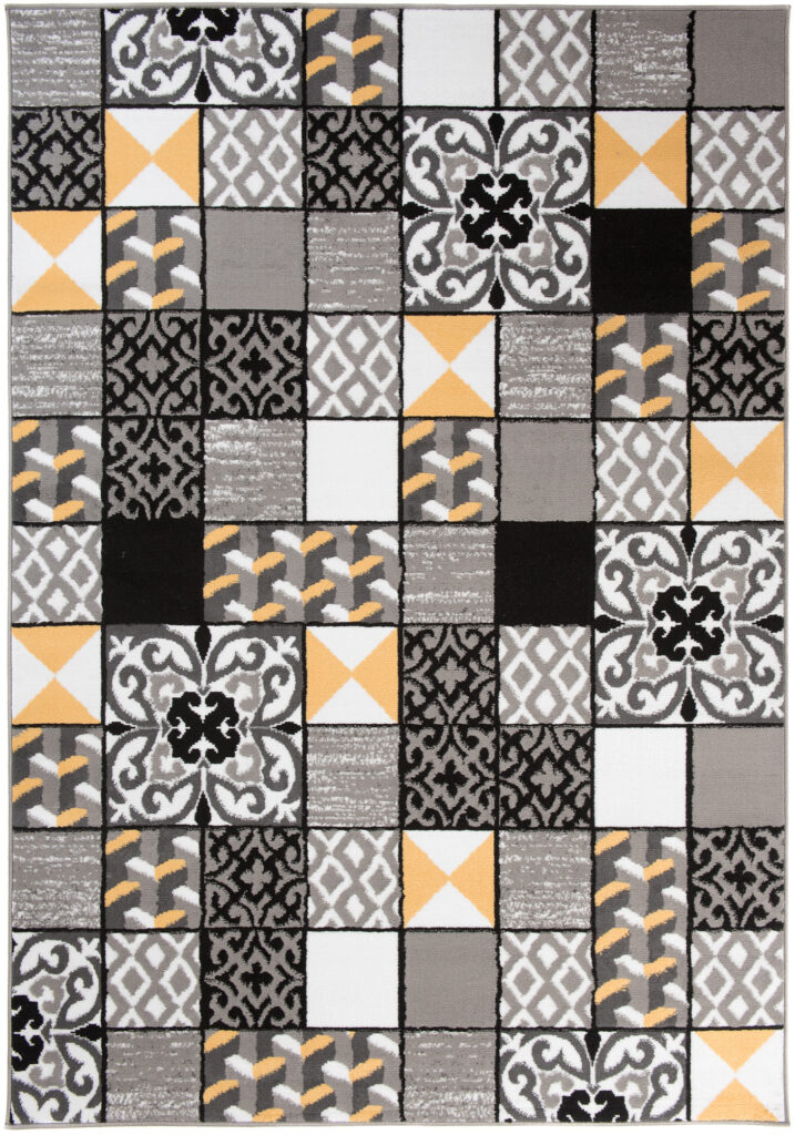 Tapis Maya Gris Jaune Carrés Mosaïque