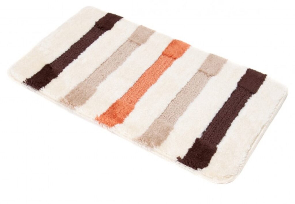 Tapis de Bain Mono Crème Marron Rayé Antidérapant Lavable 3 Pièces