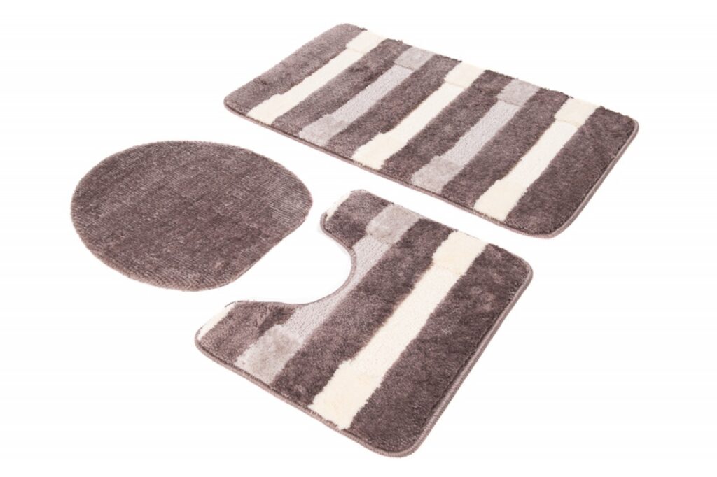 Tapis de Bain Mono Café Crème Rayé Antidérapant Lavable 3 Pièces