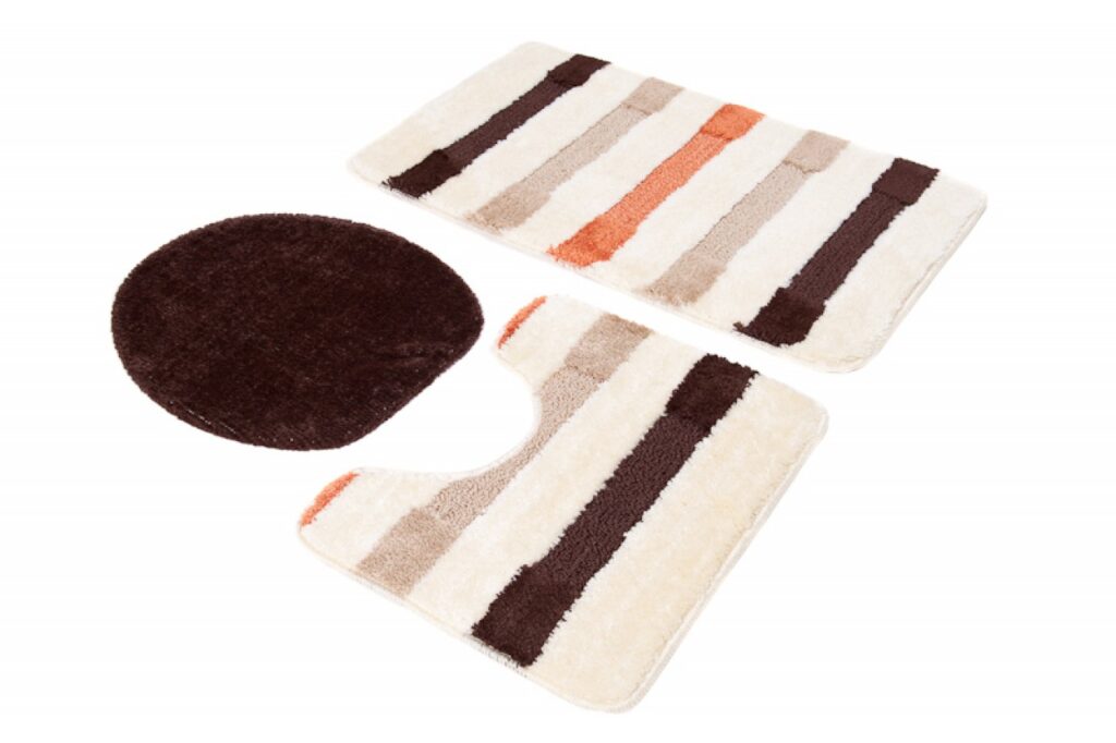 Tapis de Bain Mono Crème Marron Rayé Antidérapant Lavable 3 Pièces