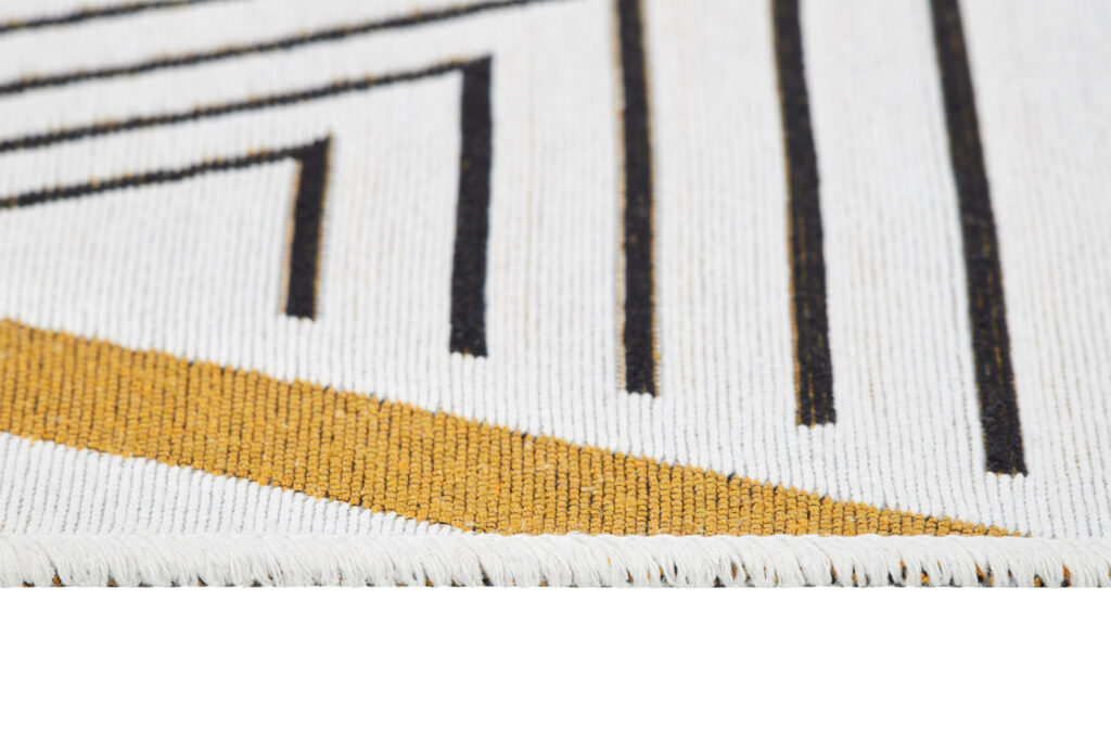 Tapis Azteca en Coton Blanc Noir Jaune à Franges