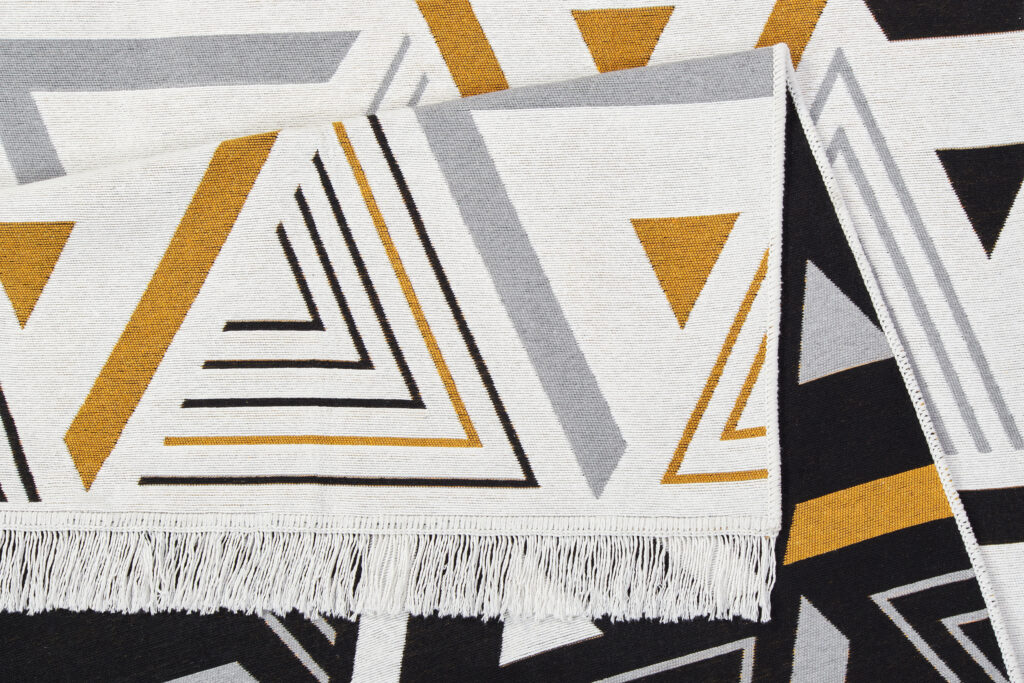 Tapis Azteca en Coton Blanc Noir Jaune à Franges