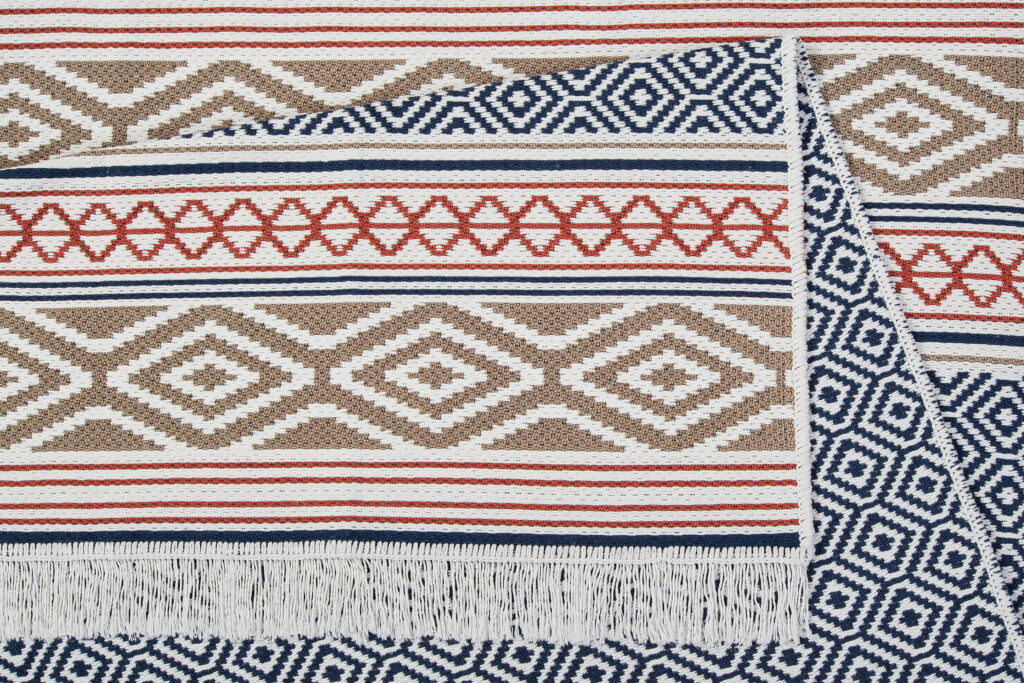 Tapis Azteca en Coton Bleu Rouge à Franges