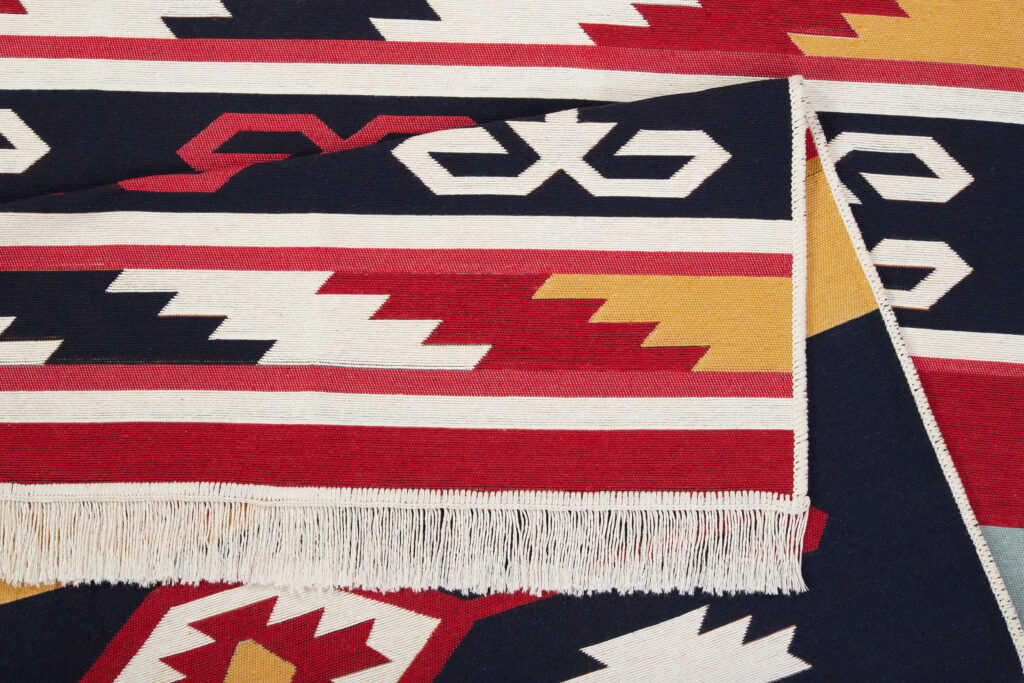 Tapis Azteca en Coton Rouge Bleu à Franges