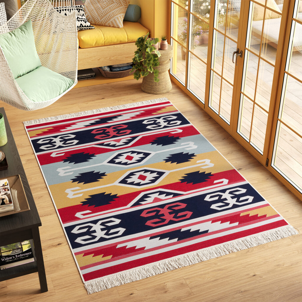 Tapis Azteca en Coton Rouge Bleu à Franges
