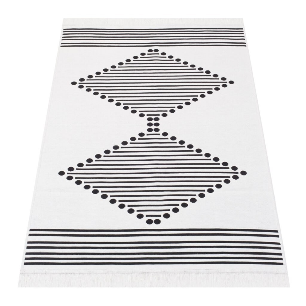 Tapis Azteca en Coton Blanc Noir à Franges