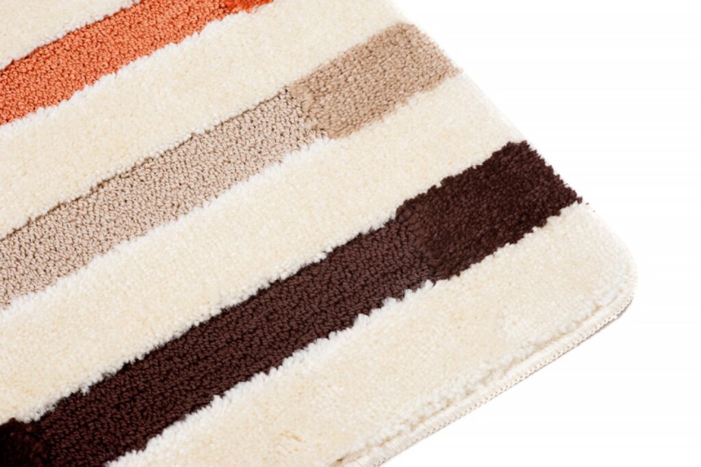 Tapis de Bain Mono Crème Marron Rayé Antidérapant Lavable 3 Pièces