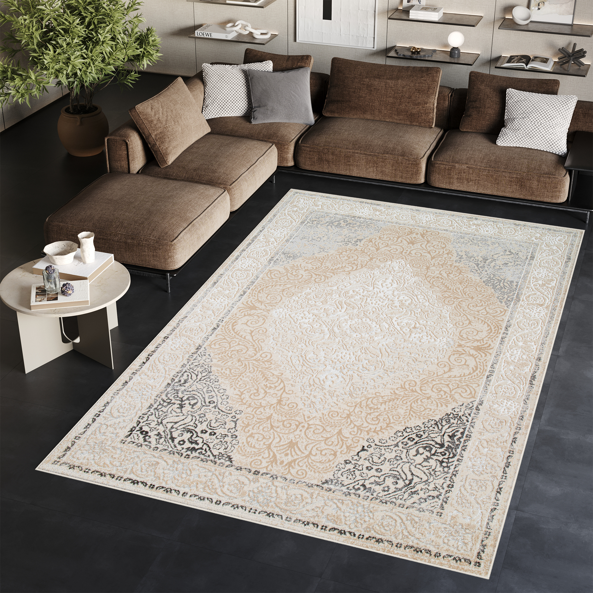 Tapis Ares Crème Gris Vintage Médaillon