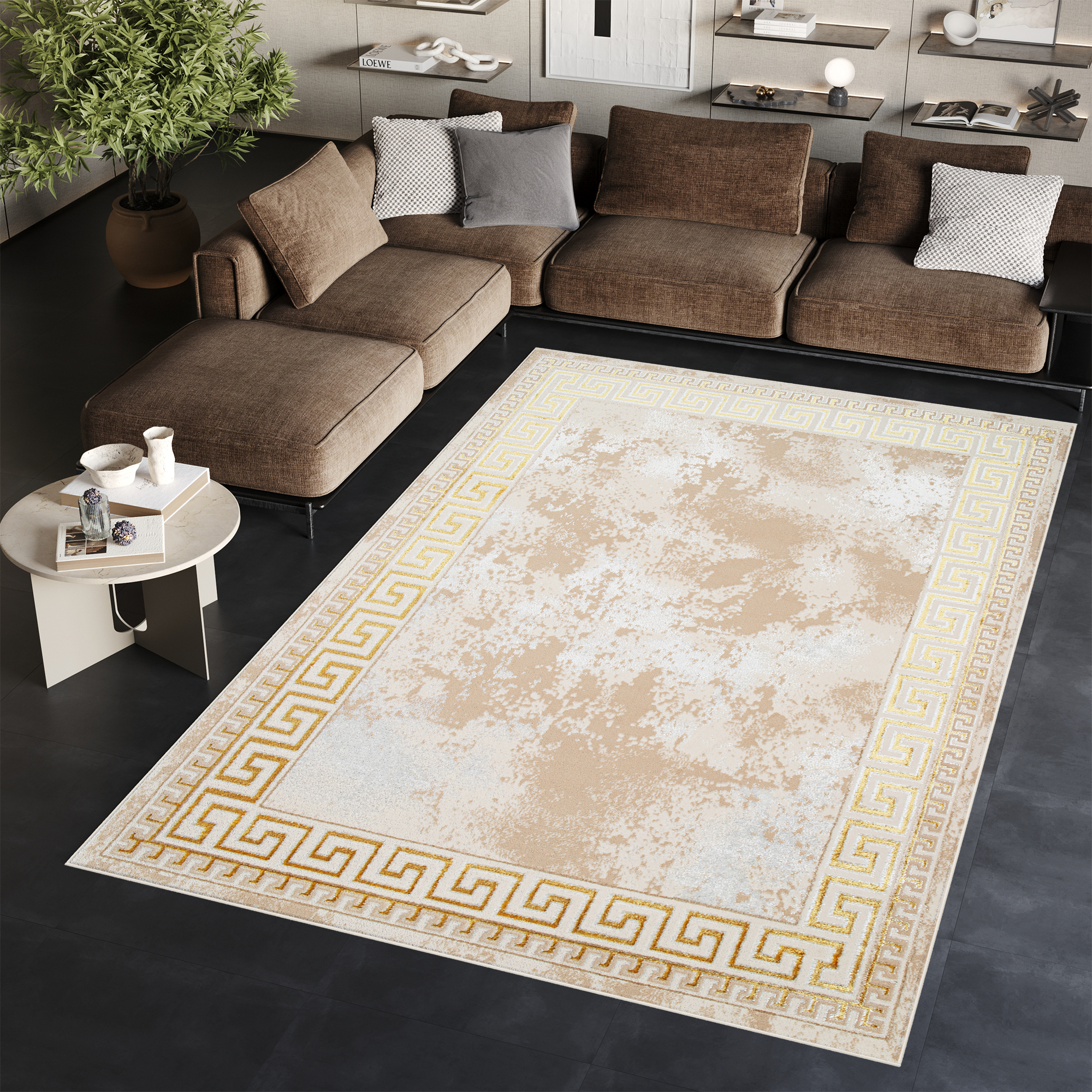 Tapis Ares Or Beige Bordure Abstrait