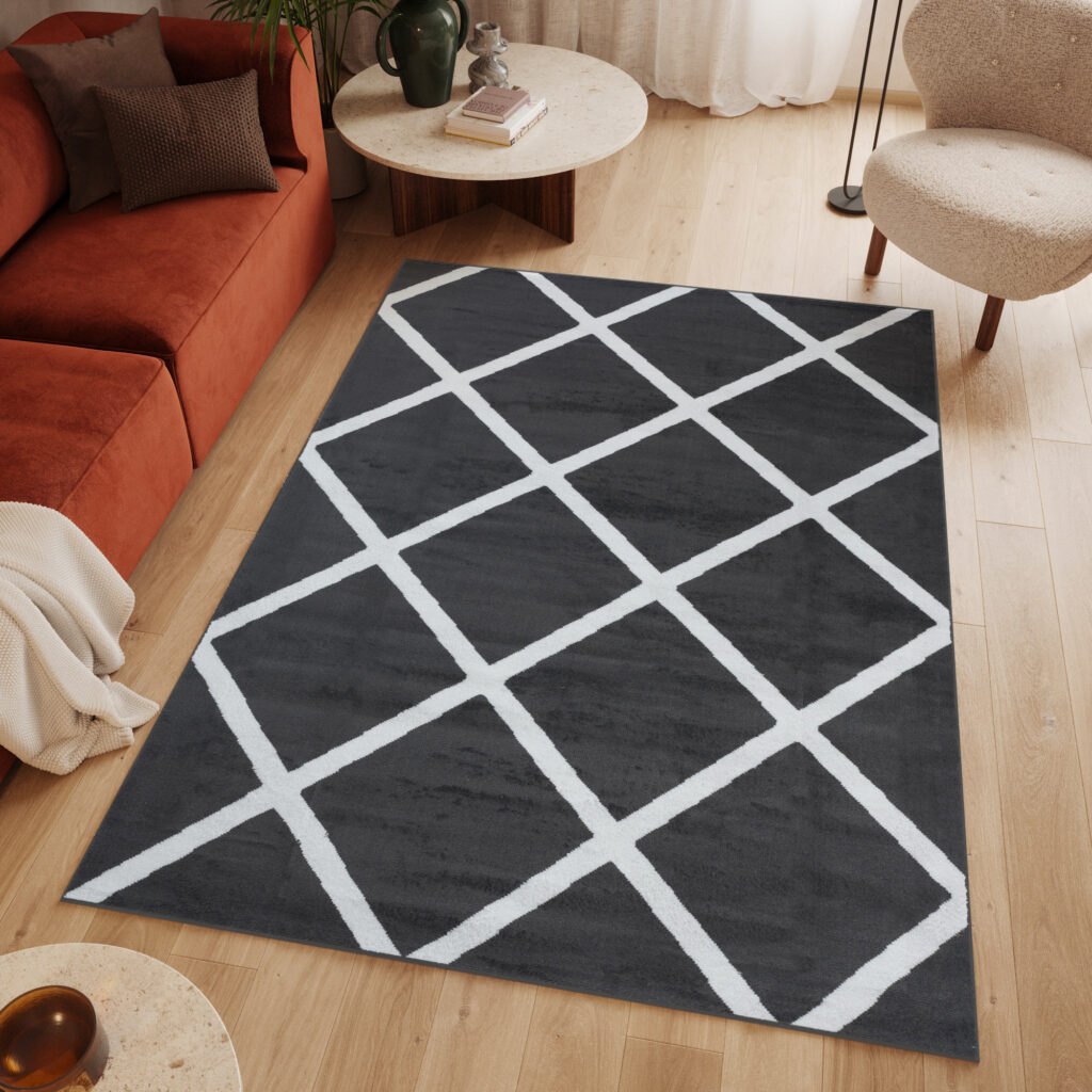 Tapis Luxury Gris Foncé Blanc Géométrique Carreaux