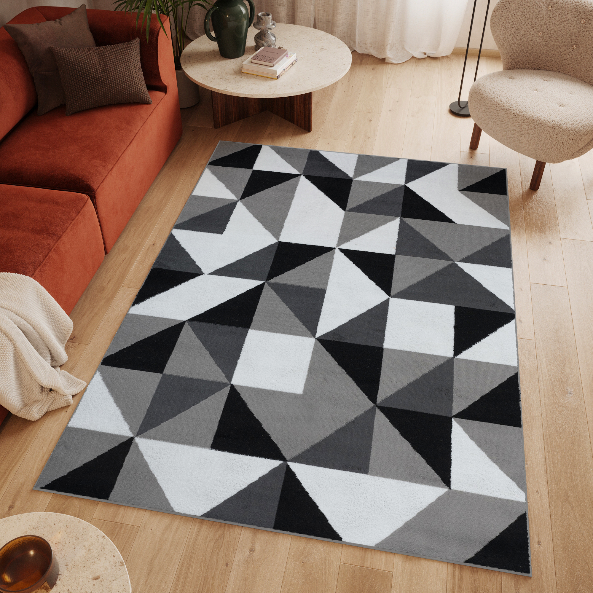 Tapis Luxury Gris Noir Carrés Triangles