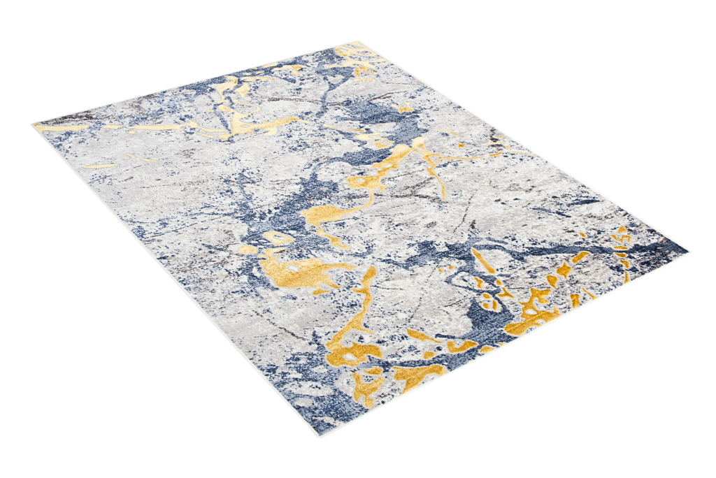 Tapis Shine Bleu Gris Or Abstrait Effet 3D