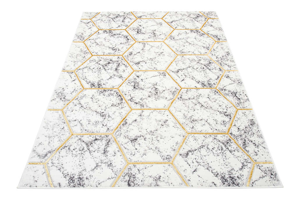 Tapis Shine Gris Or Géométrique Hexagone Effet 3D
