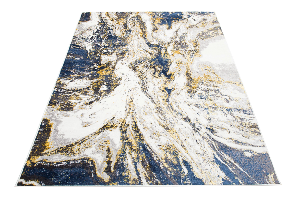 Tapis Shine Bleu Marine Crème Or Abstrait Effet 3D