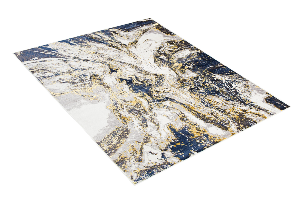 Tapis Shine Bleu Marine Crème Or Abstrait Effet 3D