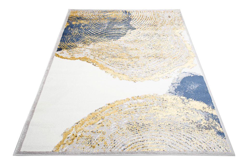 Tapis Shine Crème Or Bleu Abstrait Effet 3D